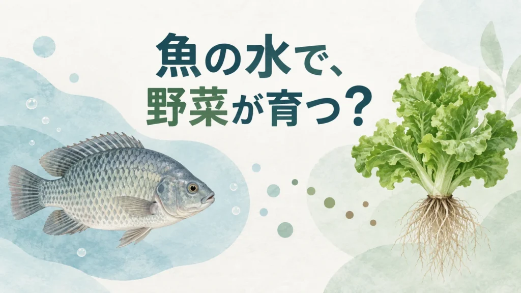魚と葉物野菜を並べ、魚の水で野菜が育つのかと問いかける大人向け2D編集画