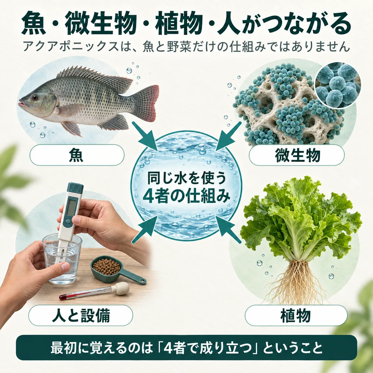 アクアポニックスを支える魚、微生物、植物、人と設備の四つの役割