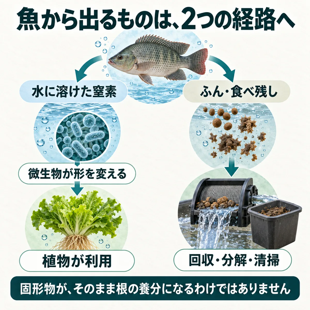 固形物と水に溶けた窒素が別の経路をたどることを示す図