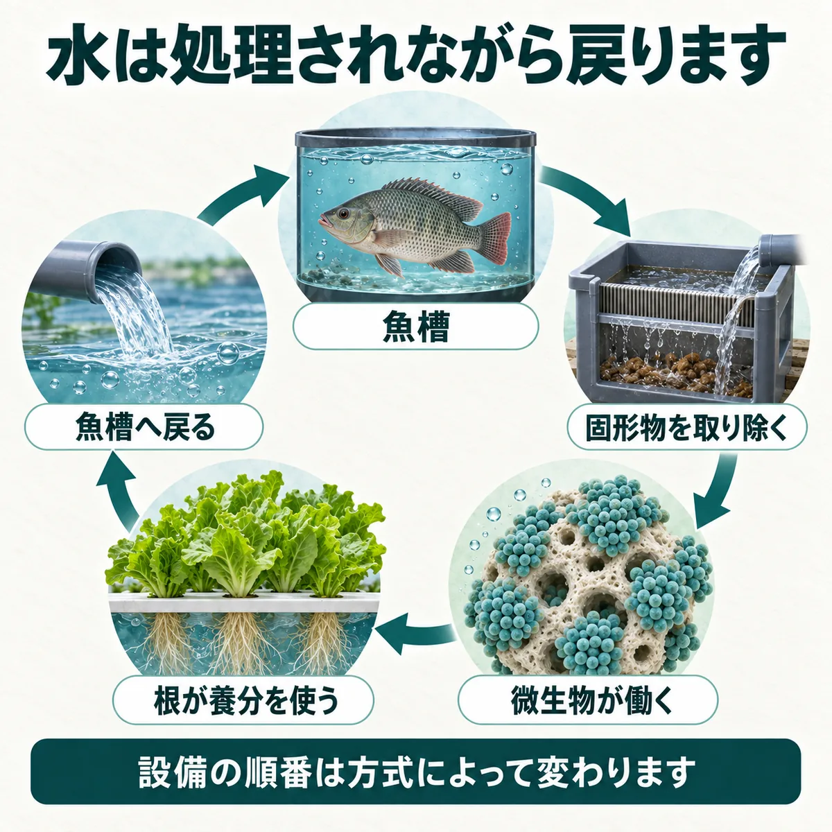 魚槽、固形物処理、生物ろ過、栽培部を通って水が戻る代表的な流れ