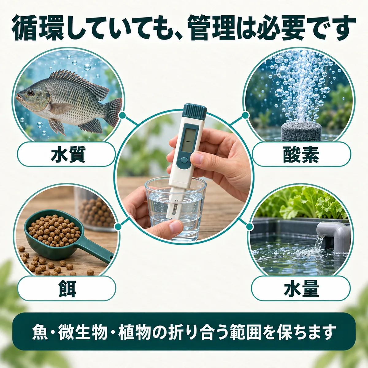 人が水質、酸素、餌、水量を確認して循環を保つことを示す図
