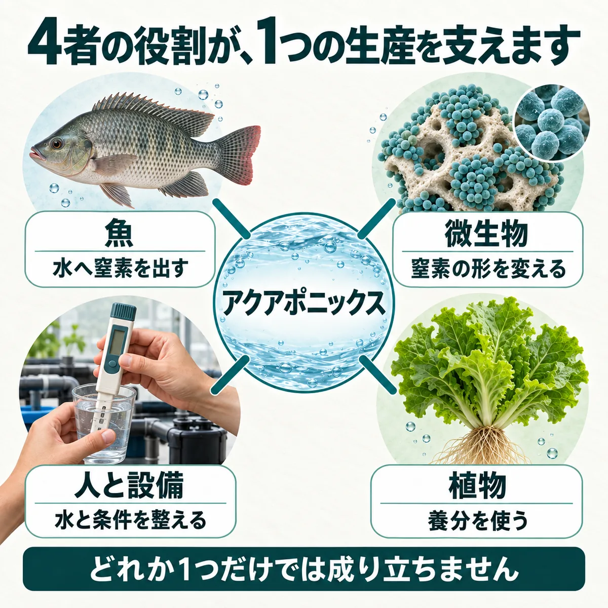 魚、微生物、植物、人と設備の役割を一つの生産システムとして統合した図