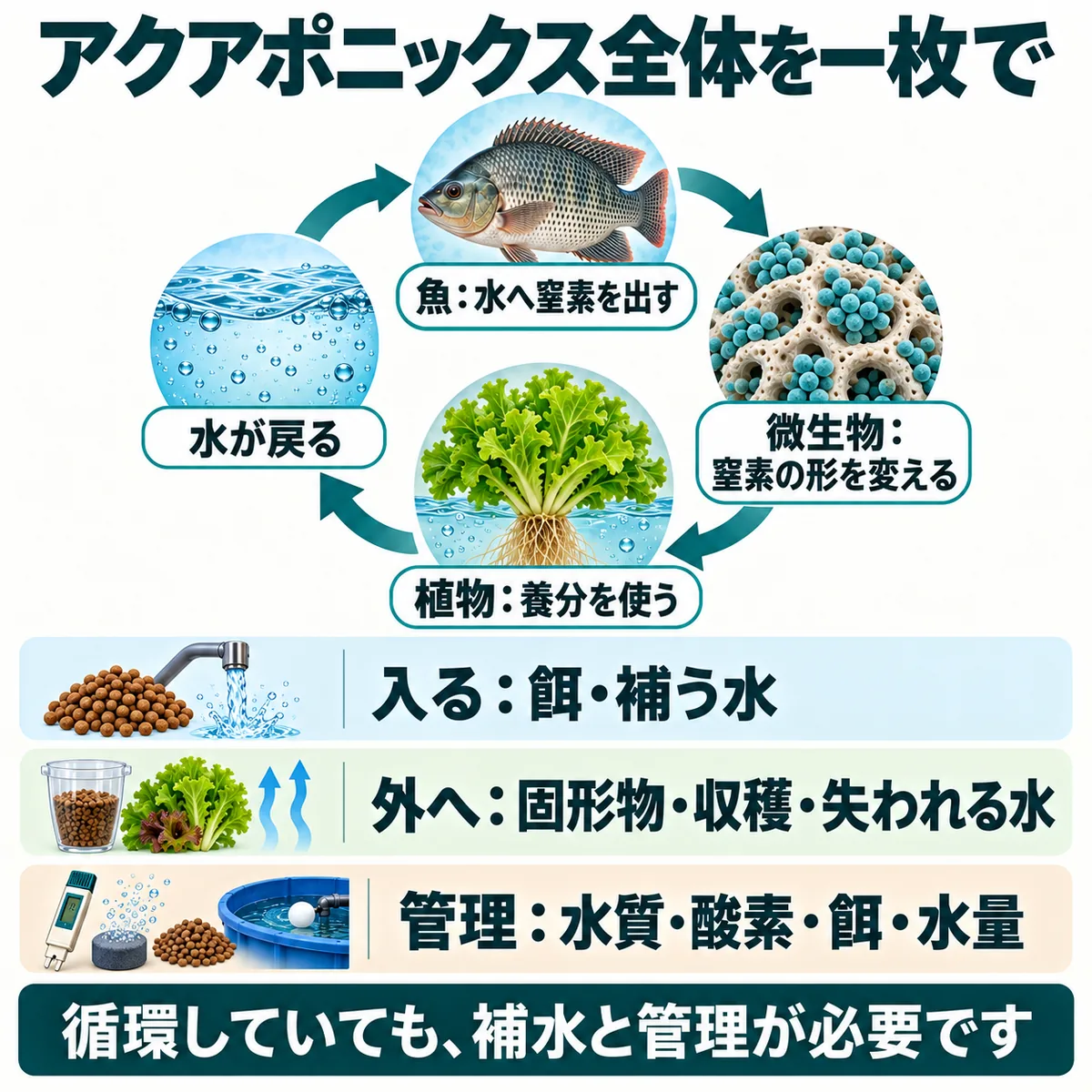 アクアポニックスの入力、循環、利用、損失、人の管理を一枚にまとめた図