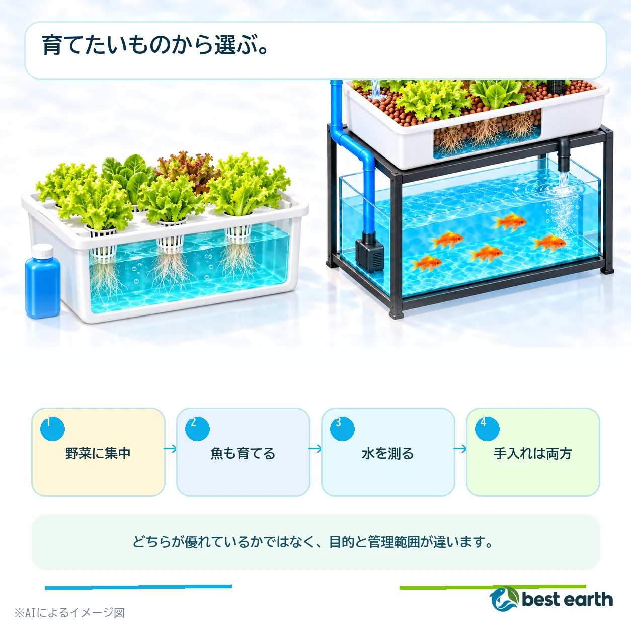 始めやすさ、管理対象、学べること、設備の四点で二つの栽培法を比べる図