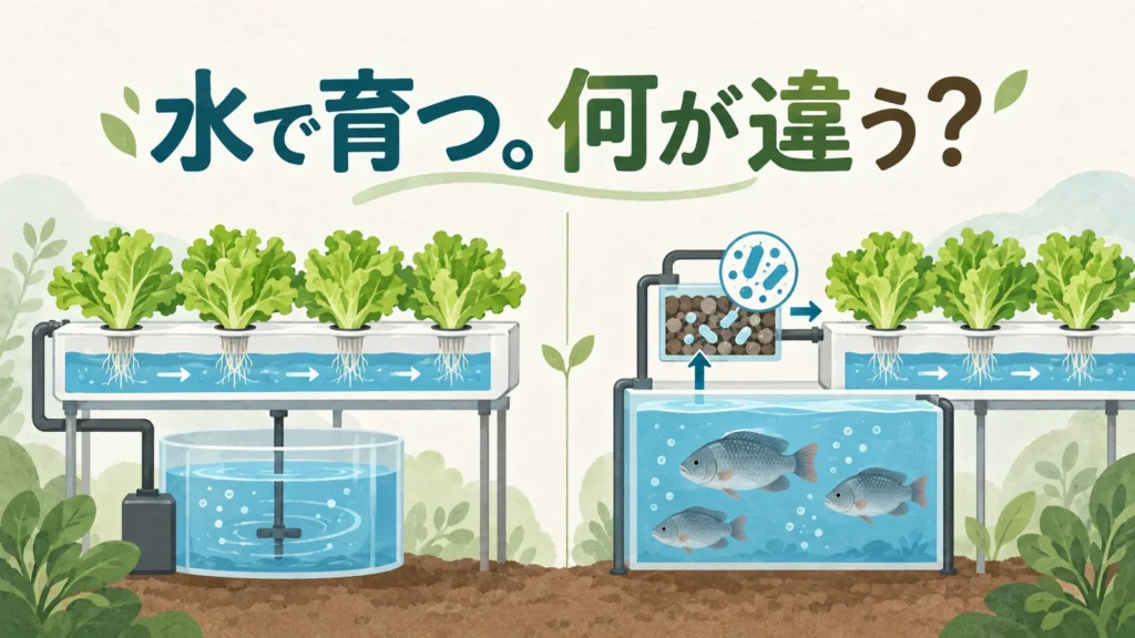 アクアポニックスと水耕栽培は何が違うのかを問いかける比較イラスト