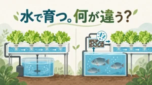 アクアポニックスと水耕栽培は何が違うのかを問いかける比較イラスト