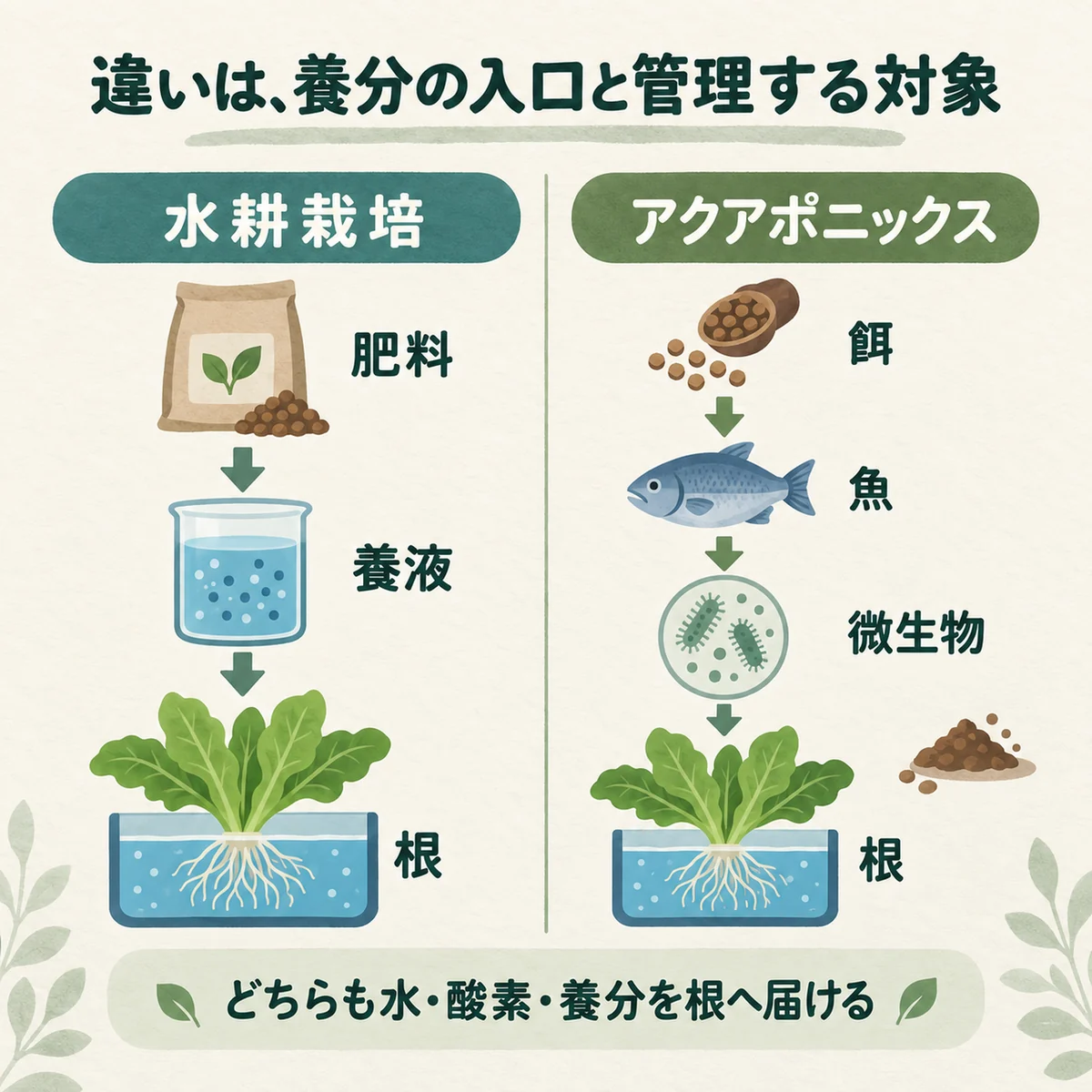 水耕栽培=肥料→根、アクアポニックス=餌→魚→微生物→根の全体像