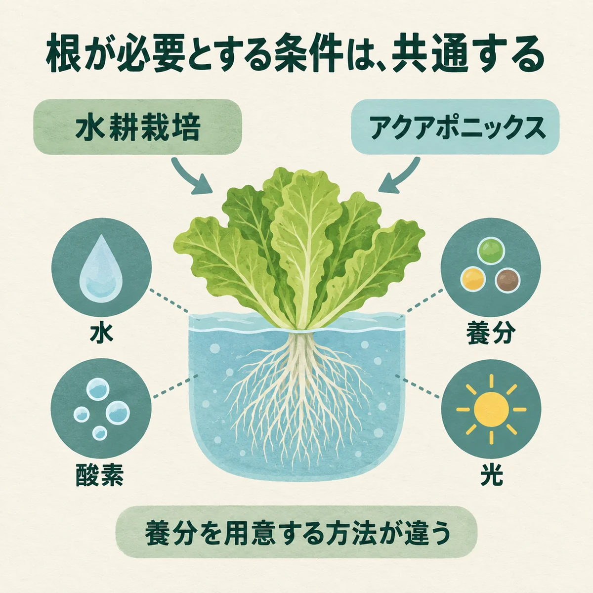 共通する水・酸素・養分・光の条件