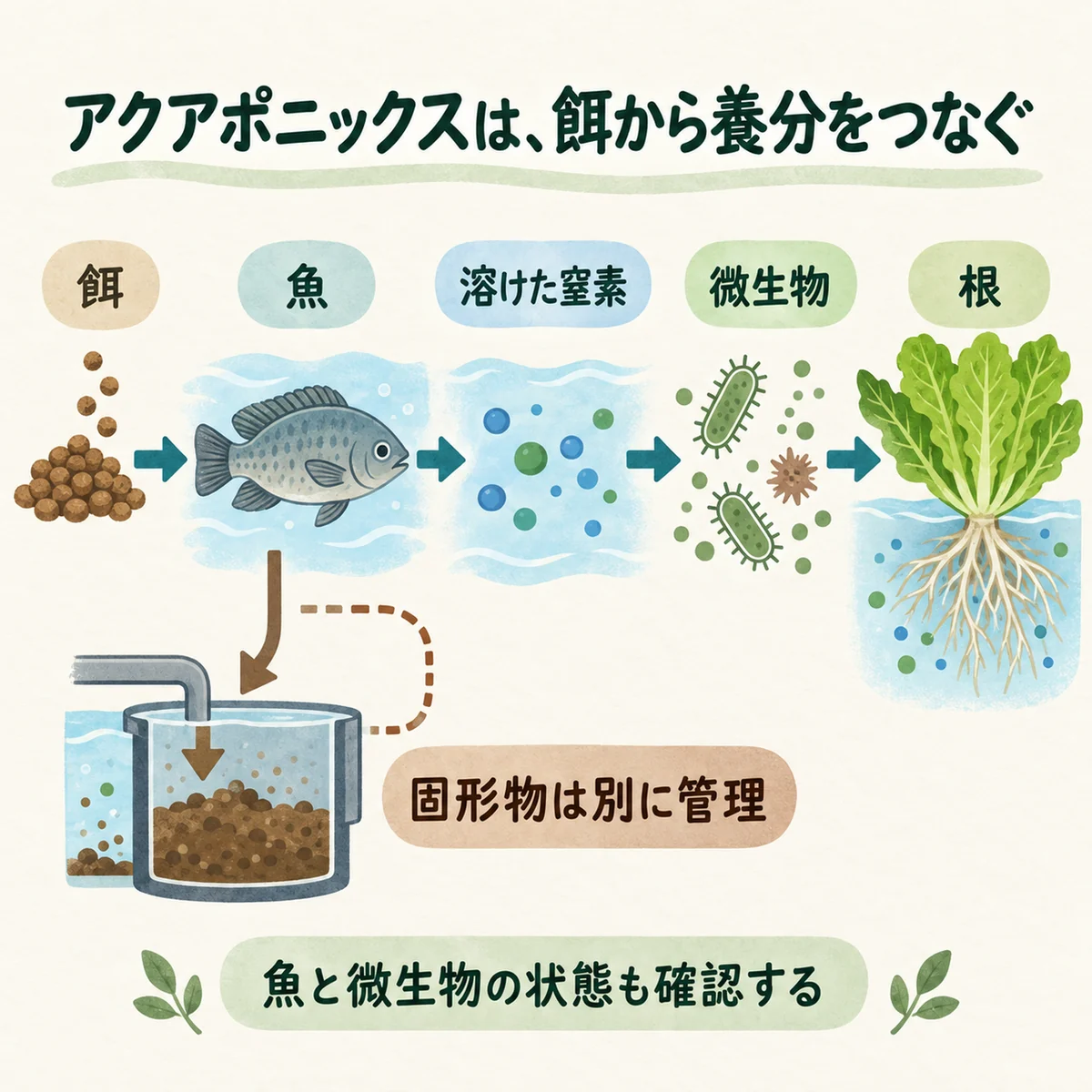 餌→魚→微生物→根と、固形物管理の経路