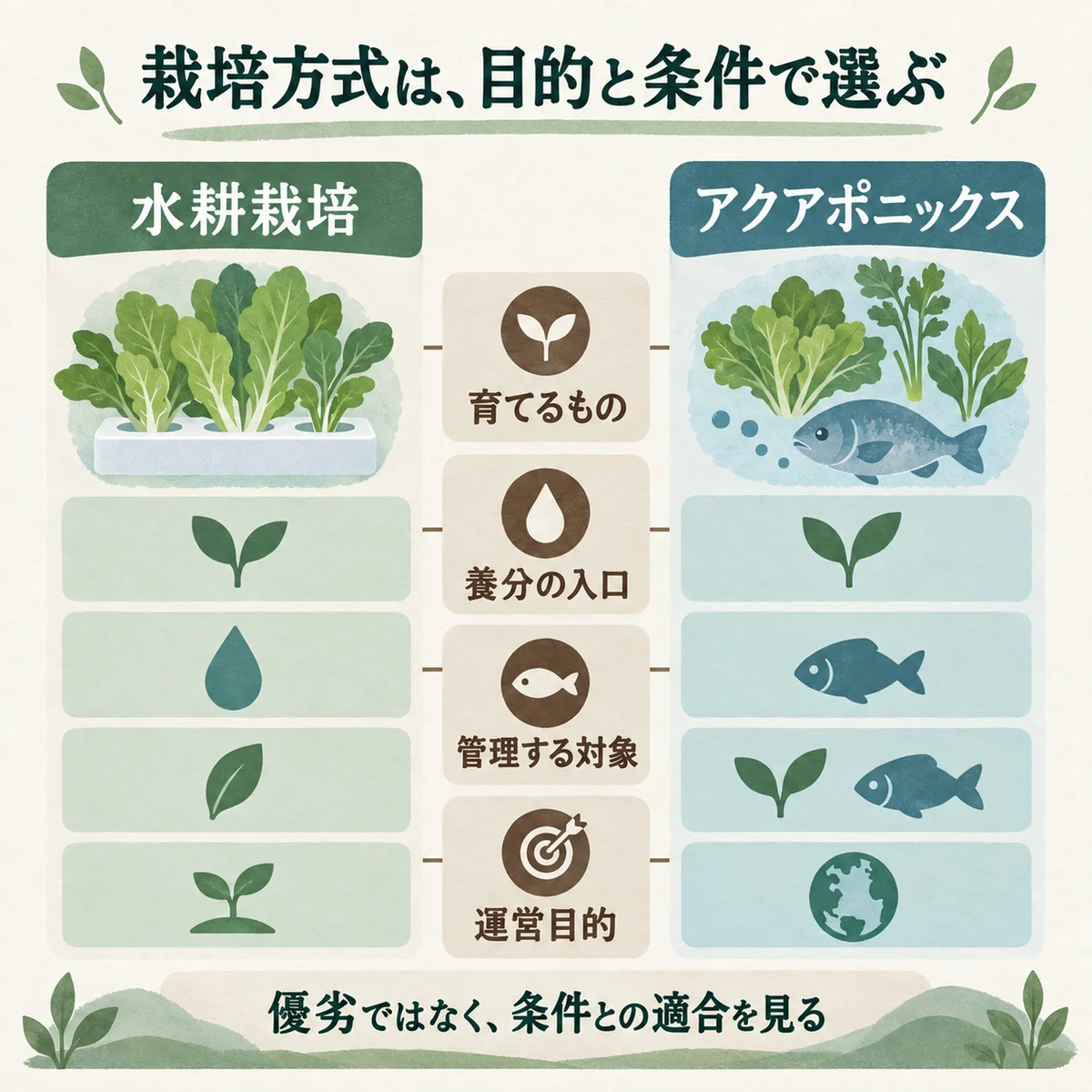 目的・養分・管理・向く条件の統合比較