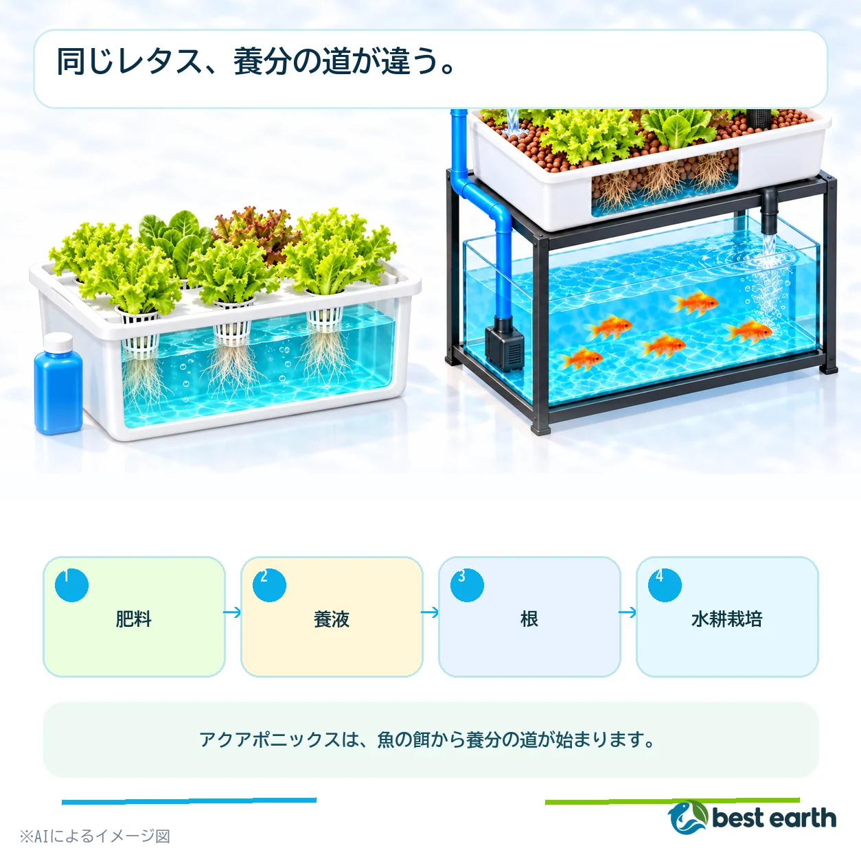肥料から養液を作る水耕栽培と、餌から魚と微生物を経るアクアポニックスの経路比較