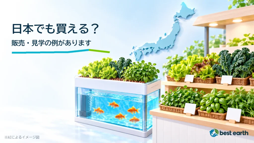 日本地図と都市の販売店、温室、アクアポニックス装置を組み合わせた3D図解