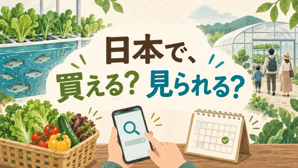 日本でアクアポニックスの野菜を買ったり施設を見学したりできるかを問いかけるイラスト