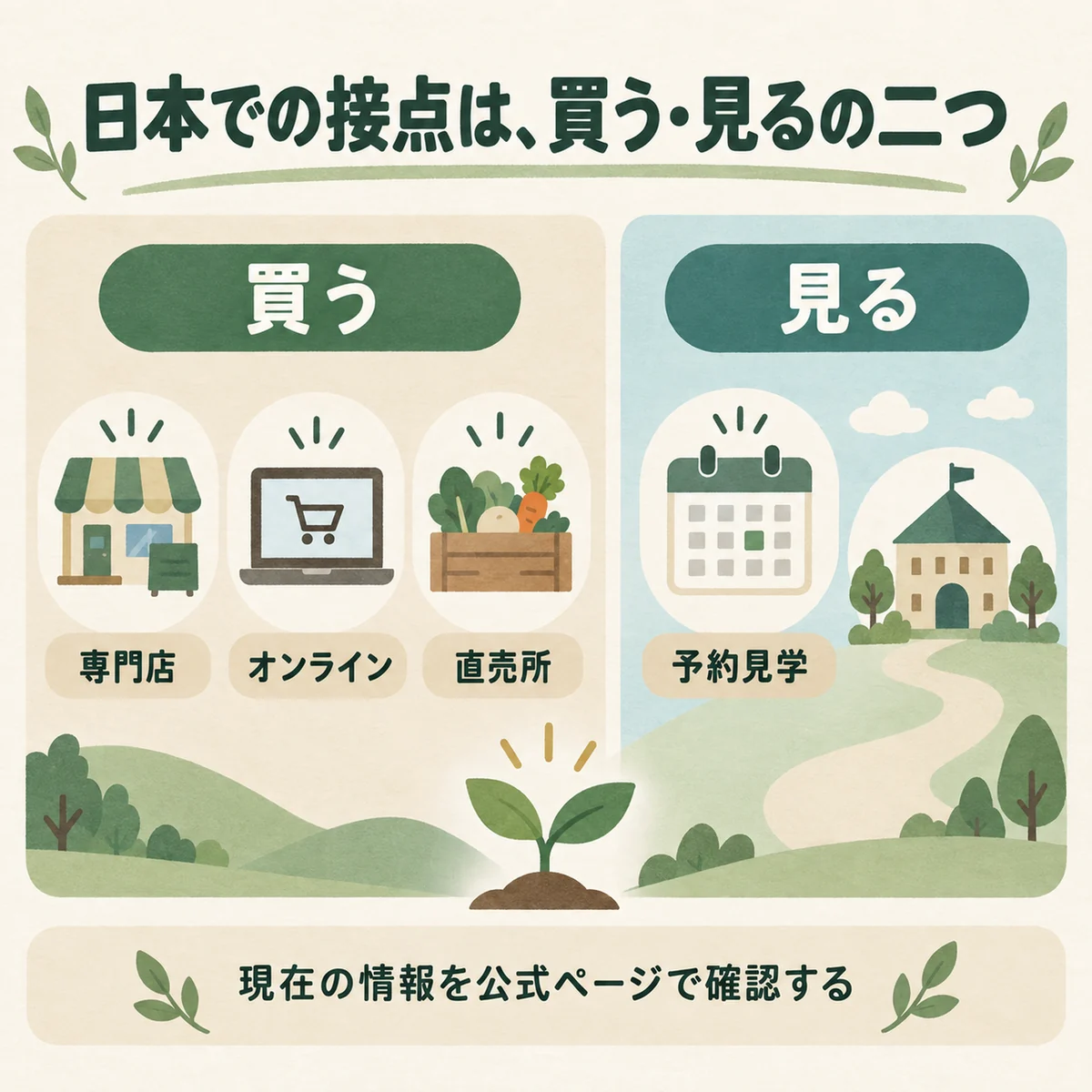 専門店・オンライン・直売所・予約見学という日本での接点の全体像