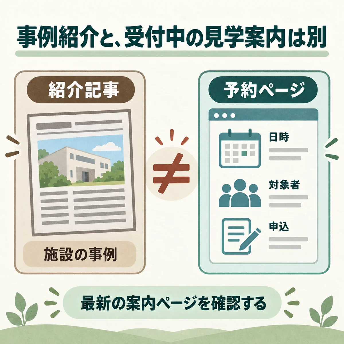 事例紹介と、申込可能な見学案内を区別する図