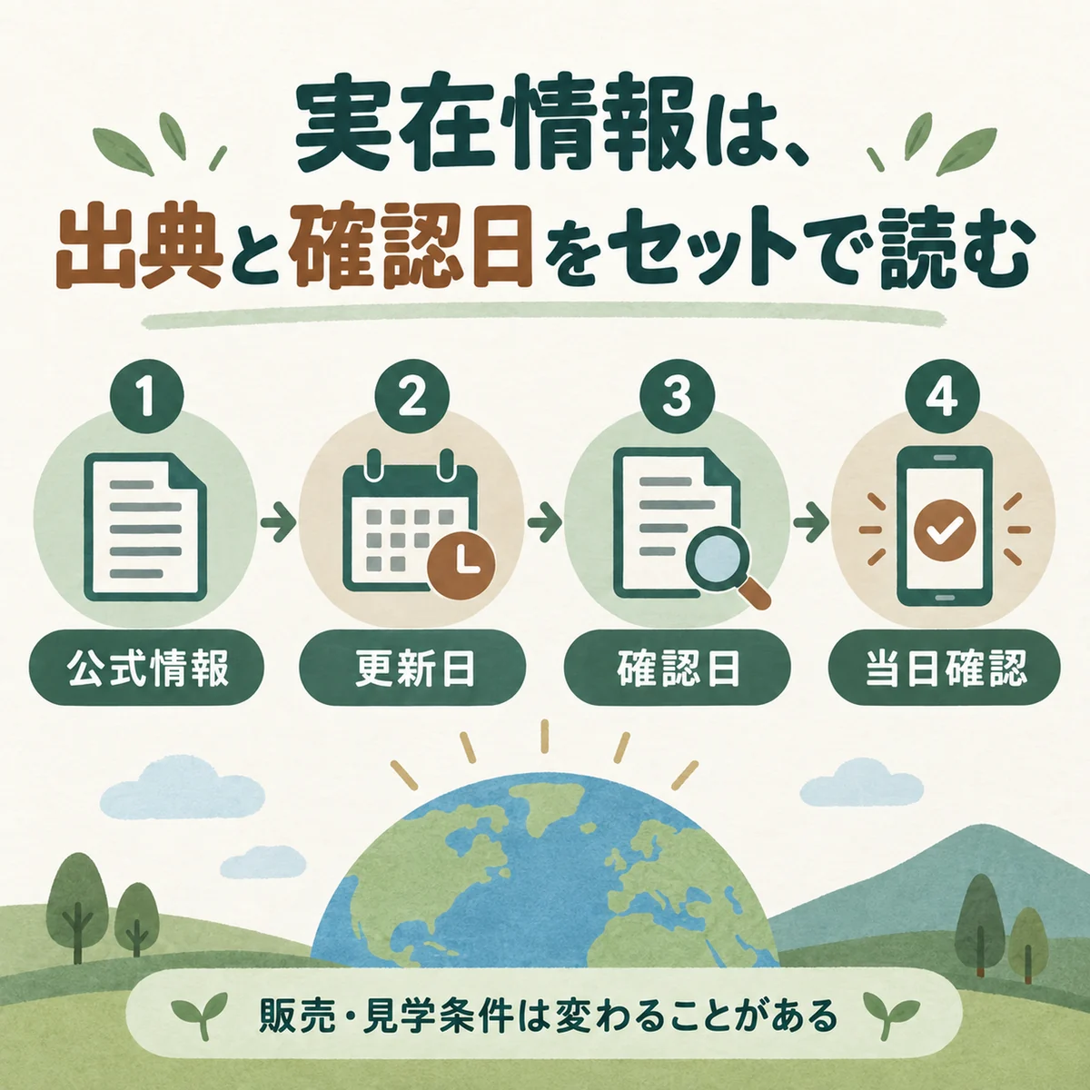 公式情報・更新日・確認日・当日確認を統合した図