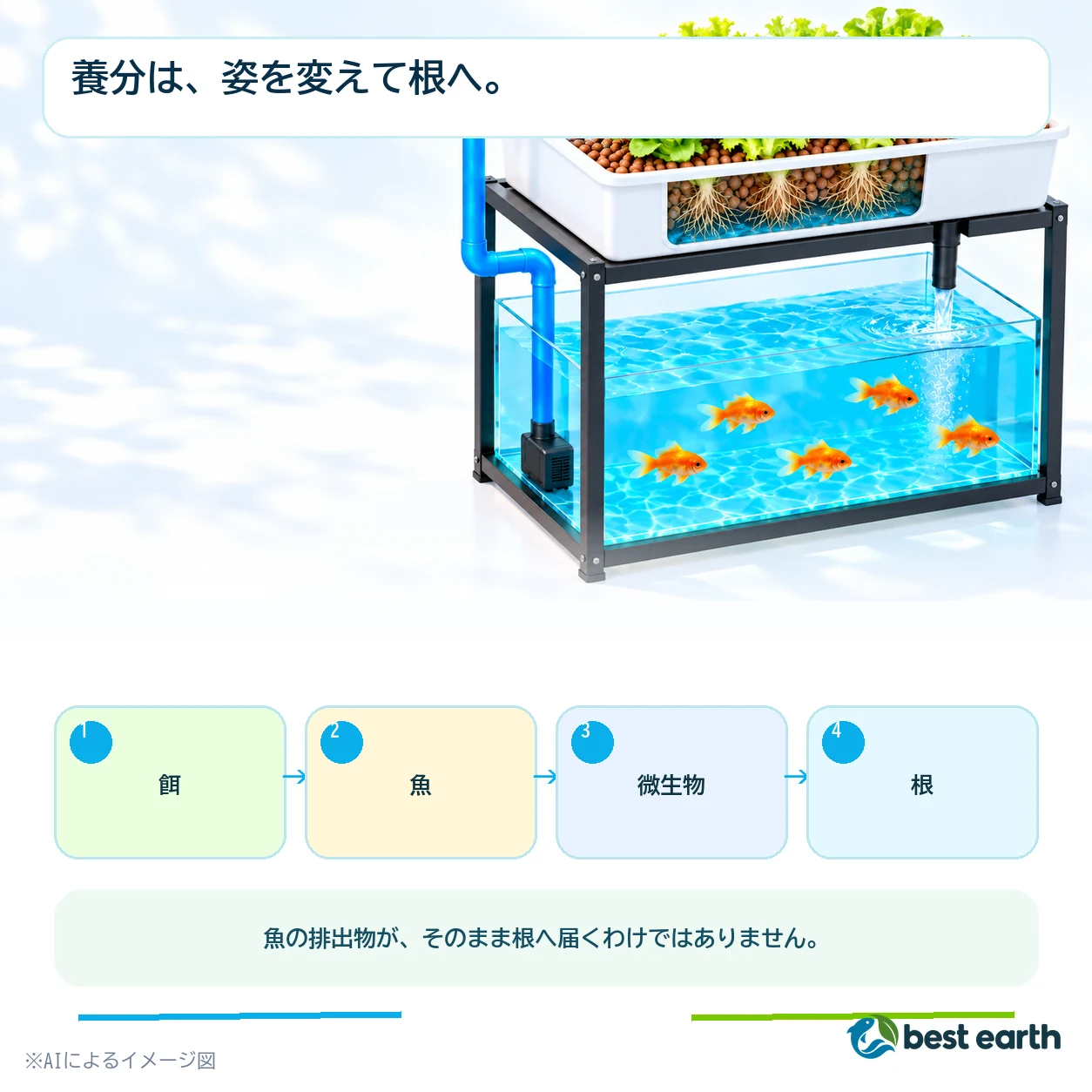 餌、魚、微生物、根の順に養分が移ることを示す4段階の図解