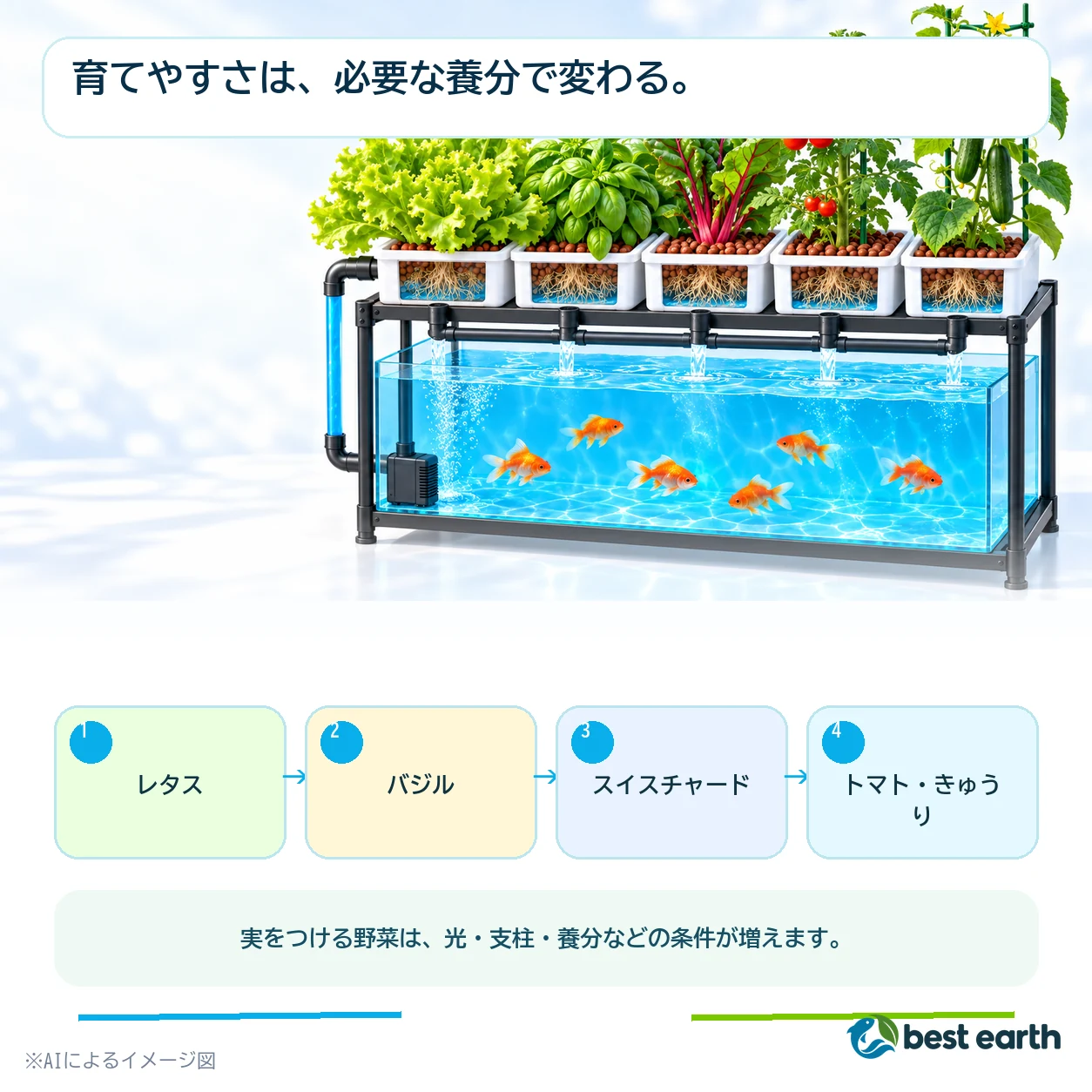 葉物、ハーブ、実ものを三つのグループに分けた適性比較図