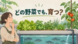 アクアポニックスではどのような野菜が育つのかを問いかけるイラスト