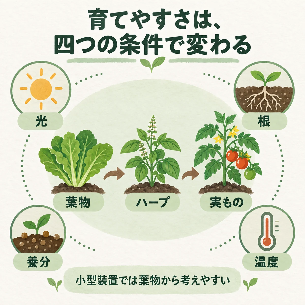 葉物から実ものへ、必要な光・空間・養分・期間が増える全体像