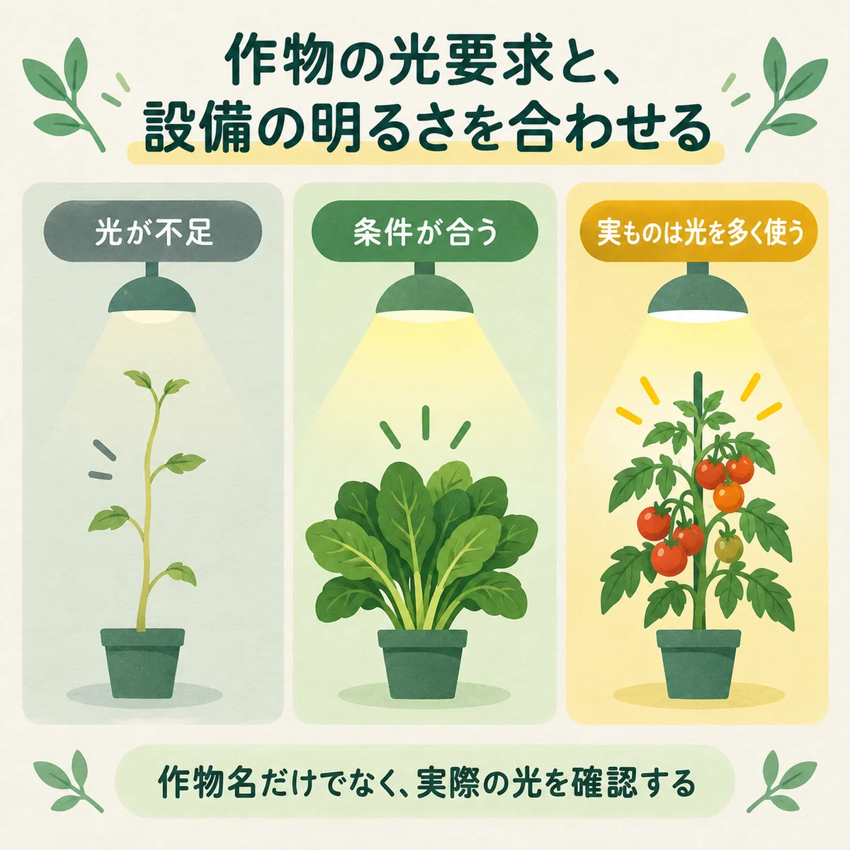 弱い光・適切な光・実ものに必要な光の違い