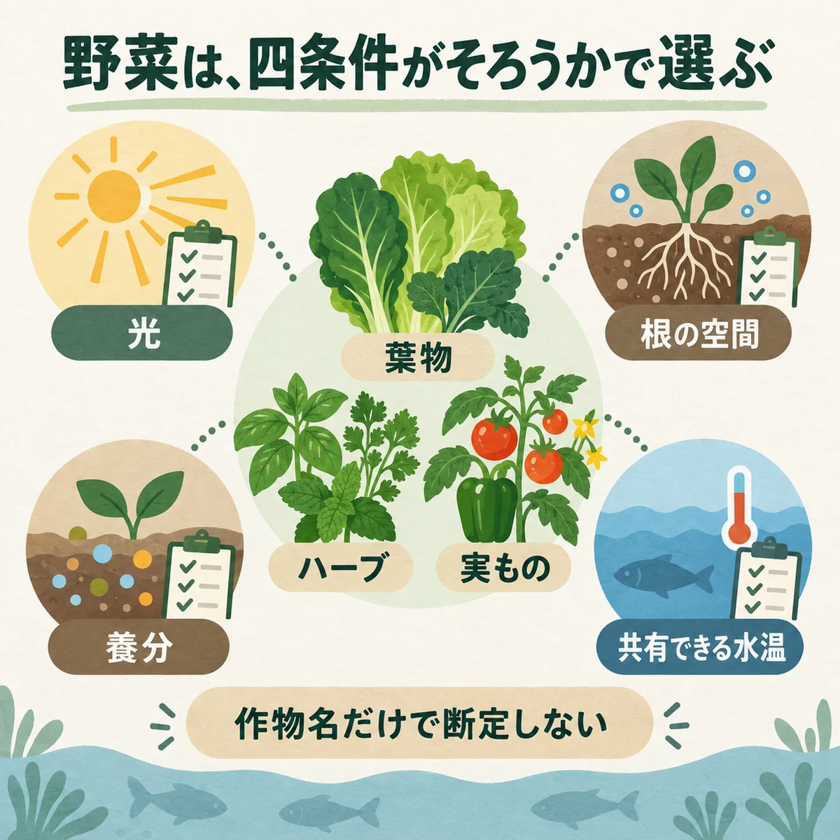 光・根・養分・温度の四条件を統合した作物選び