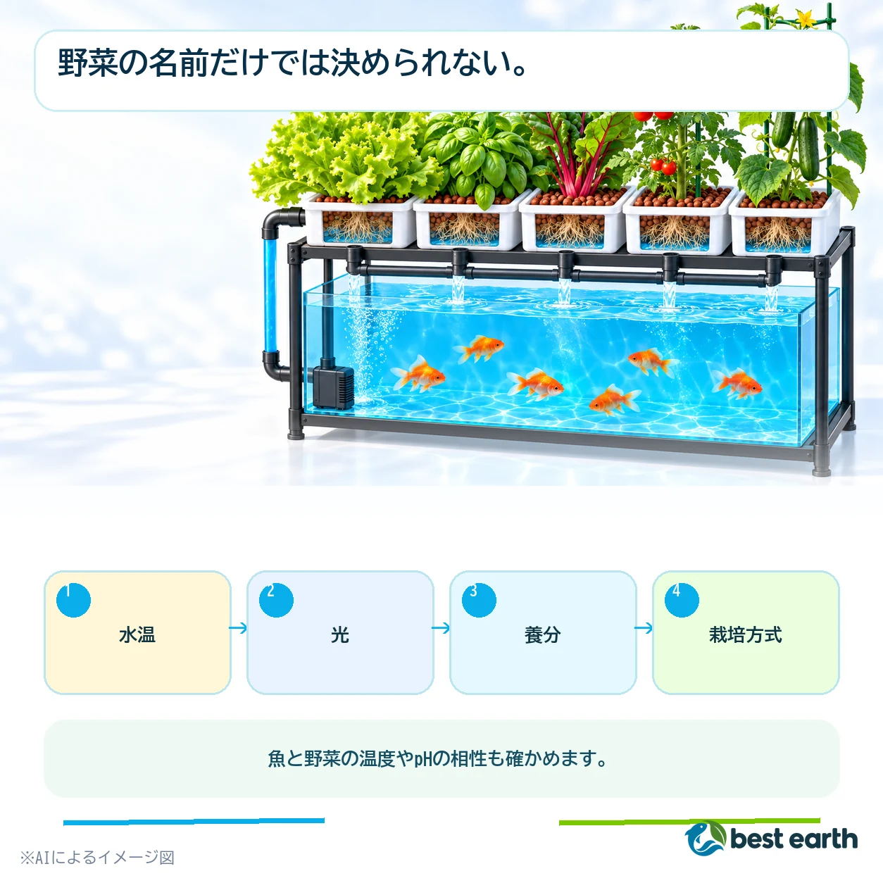 光、根の空間、養分、水温と気温の四条件を示す図