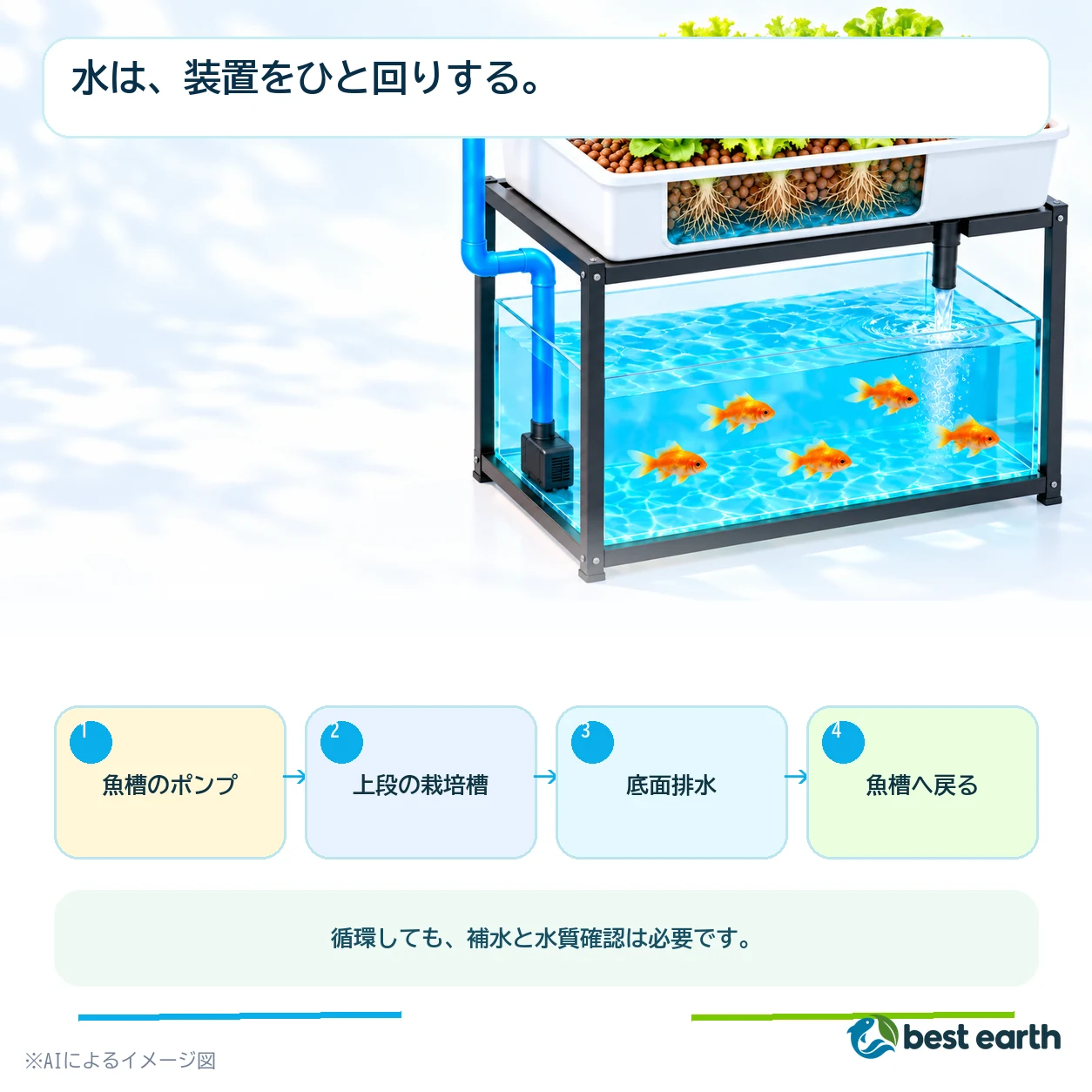 魚槽内のポンプから左の給水管で栽培槽へ水を上げ、右奥の底面排水から魚槽へ戻す図解