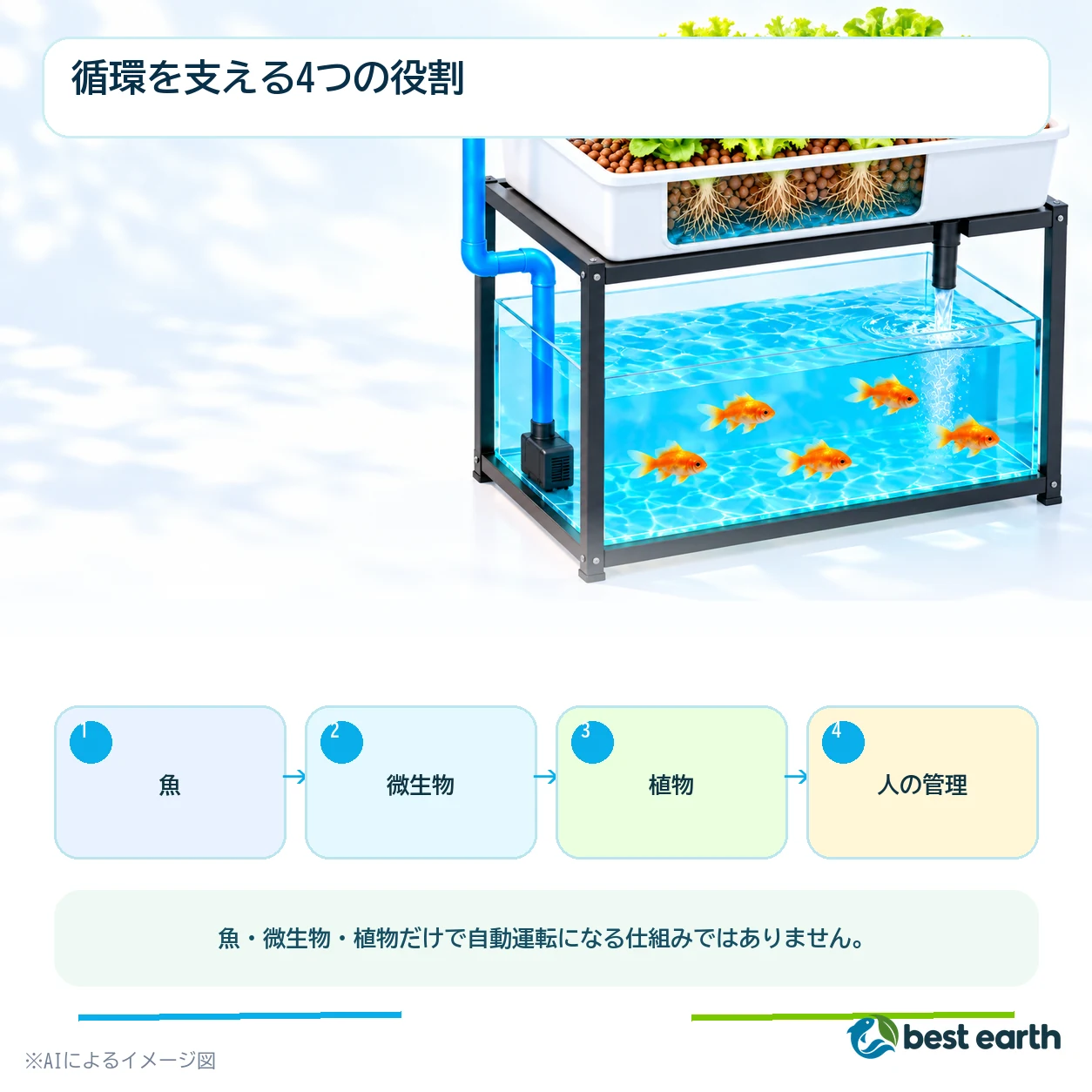 魚、微生物、植物、人の管理という4つの役割を示すまとめ図