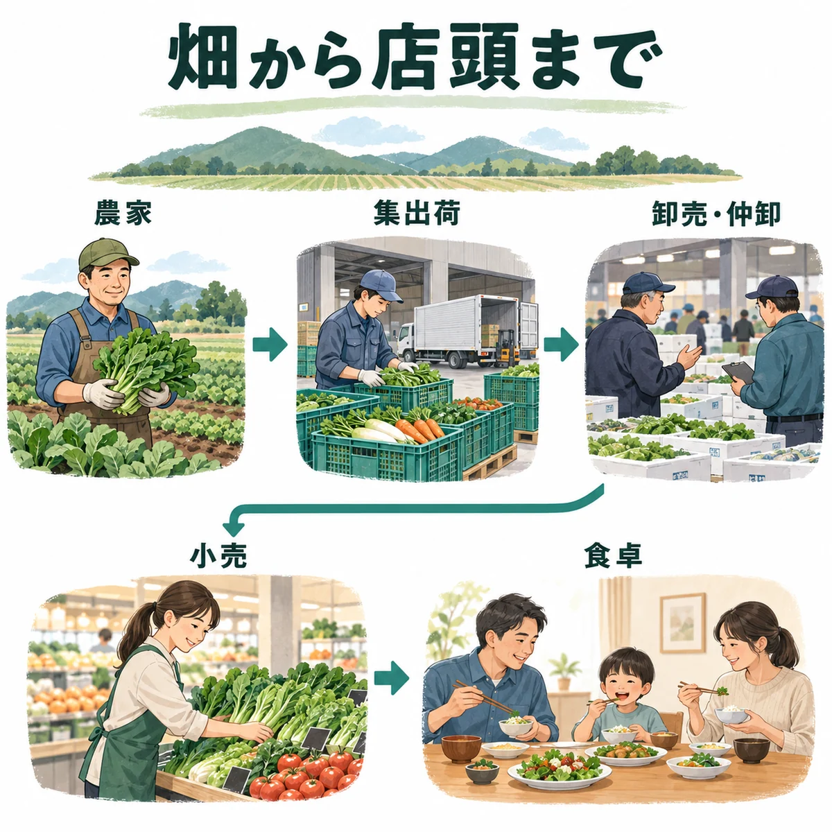 農家、集出荷、卸売・仲卸、小売、食卓の全体像