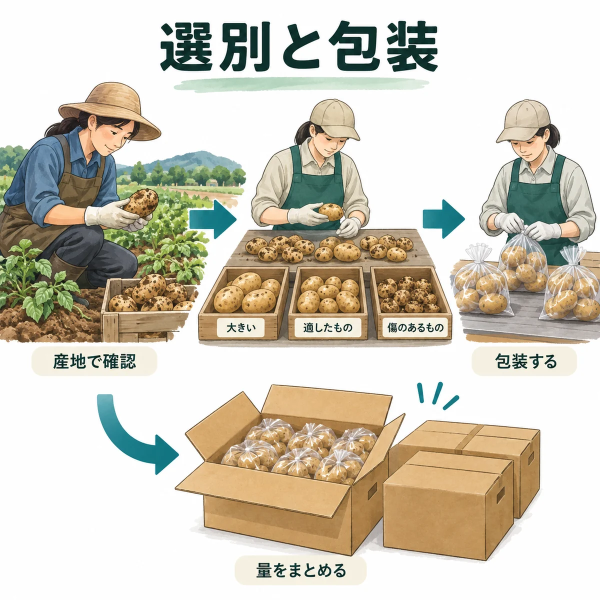 産地で大きさと状態を確認し包装して量をまとめる図