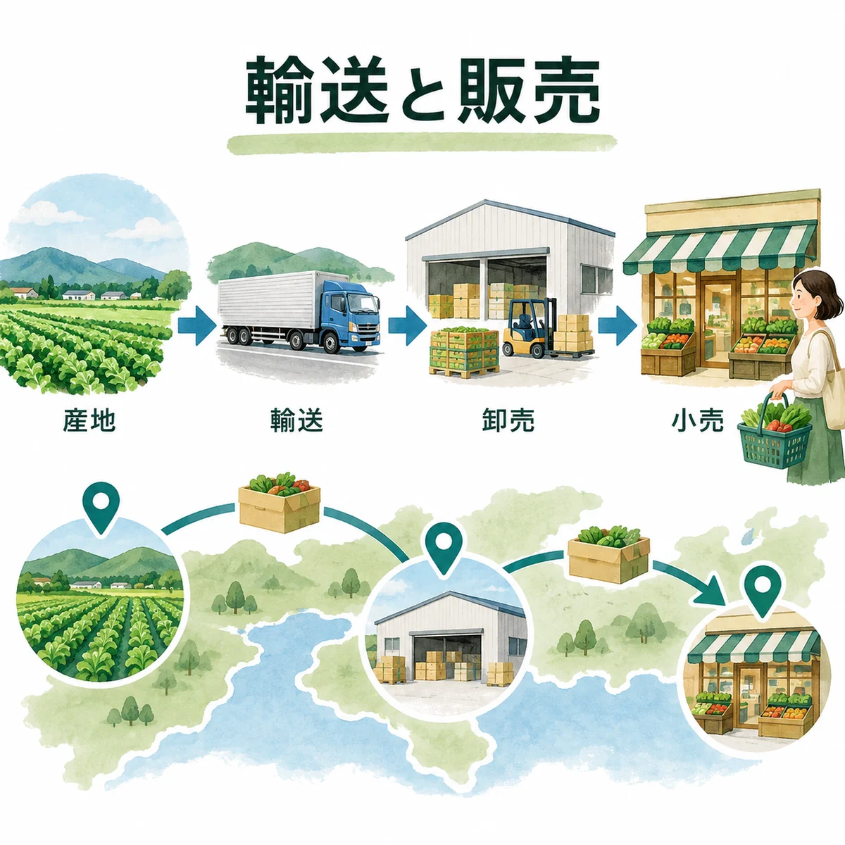 輸送、卸売、小売が場所と数量をつなぐ図