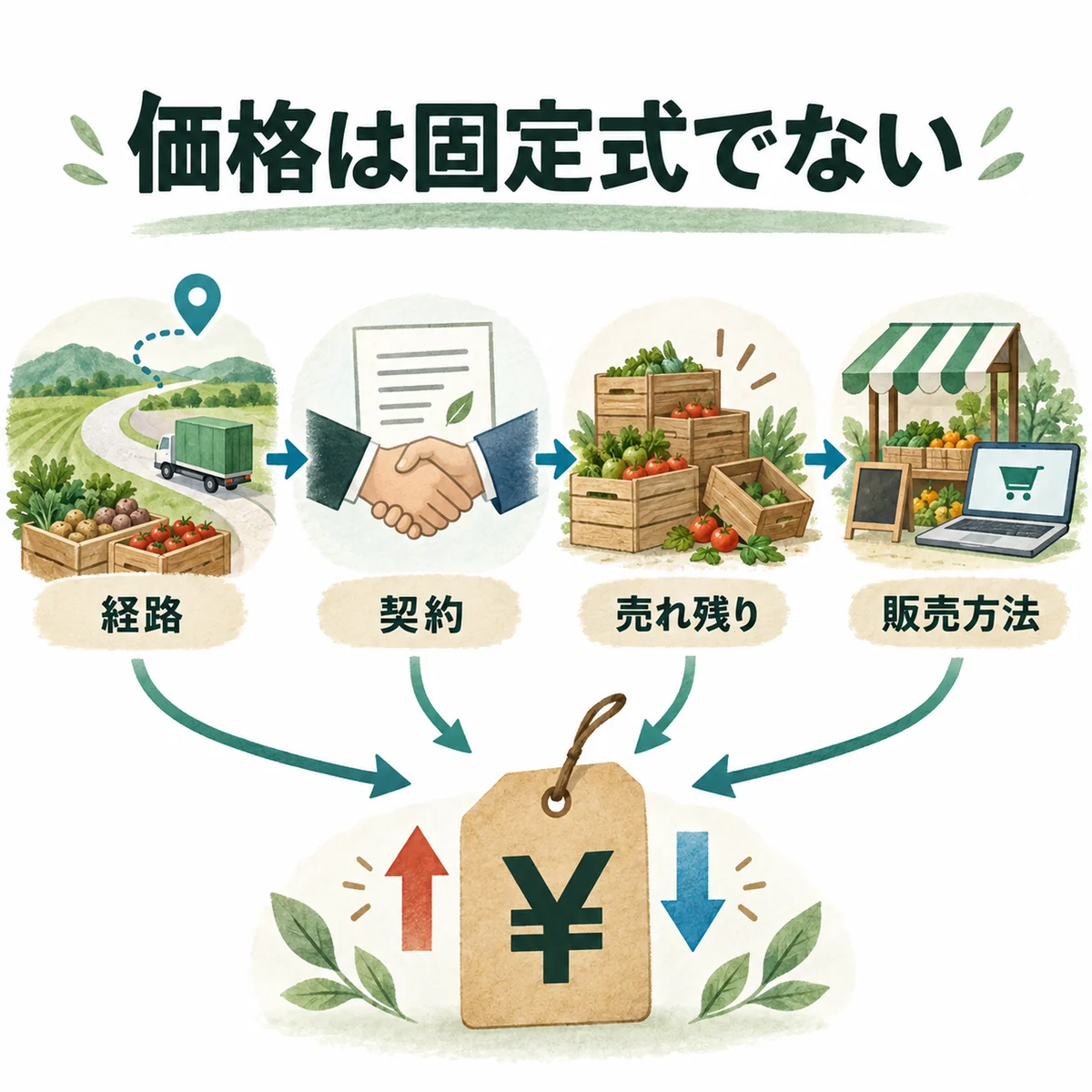 経路、契約、売れ残り、販売方法で価格が変わる統合図