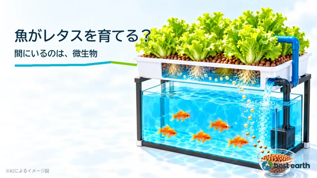 魚槽の魚と上段のレタスの間を養分の粒が移動する明るい3D図解