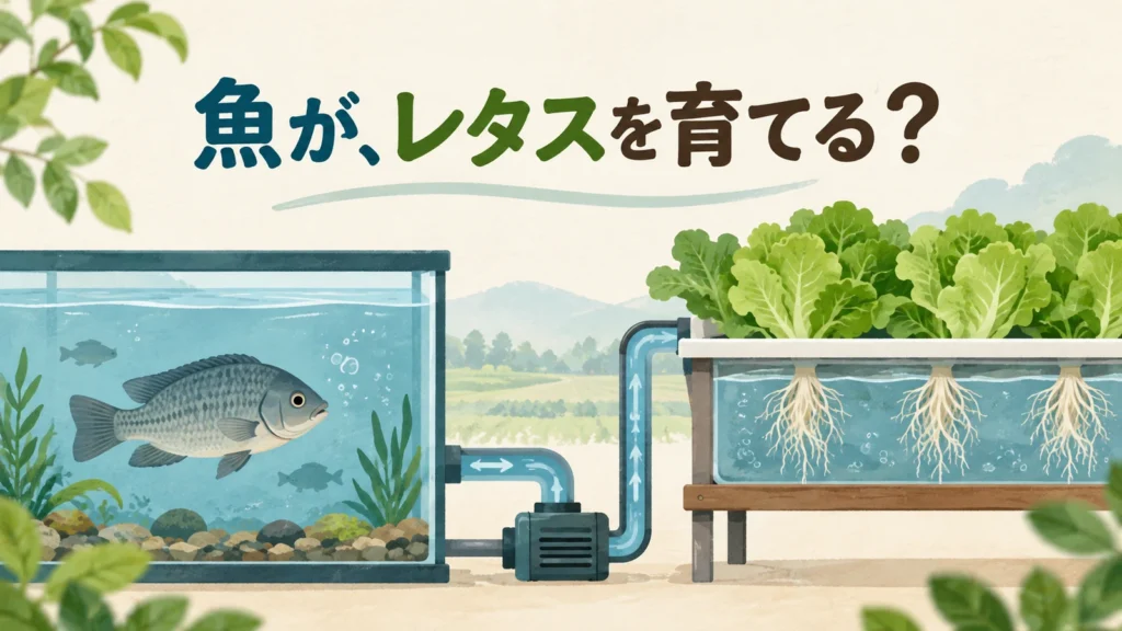 魚の水がどのようにレタスの成長へつながるかを問いかけるイラスト