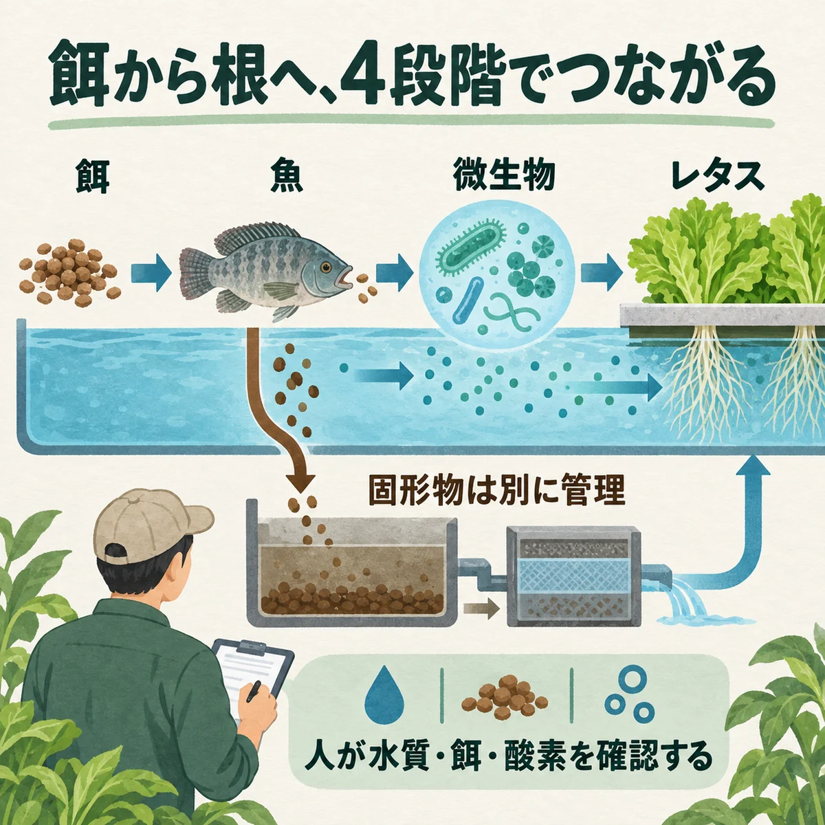 餌→魚→微生物→レタスの四段階と固形物の別経路