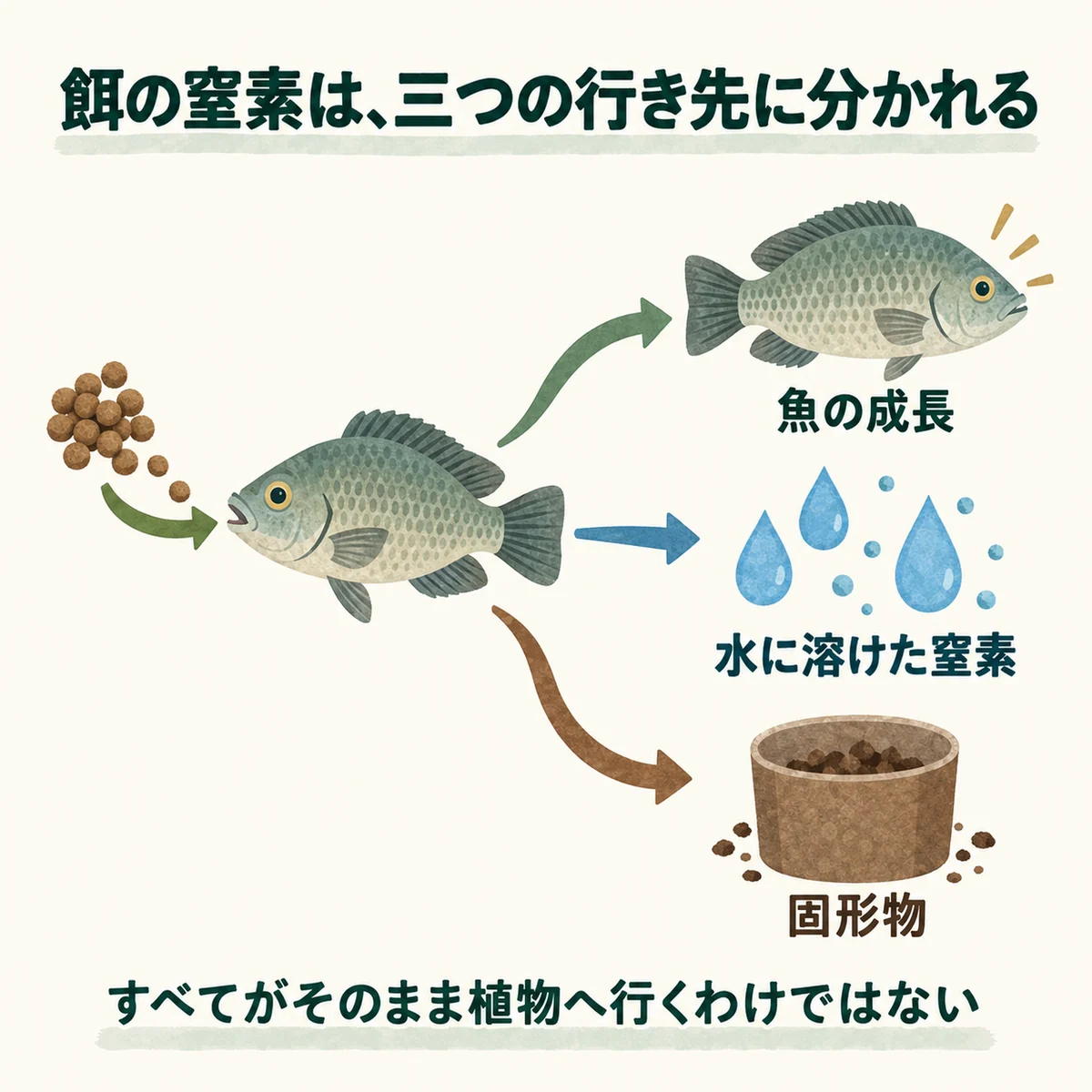 餌の窒素が魚の成長・水中の窒素・固形物へ分かれる図