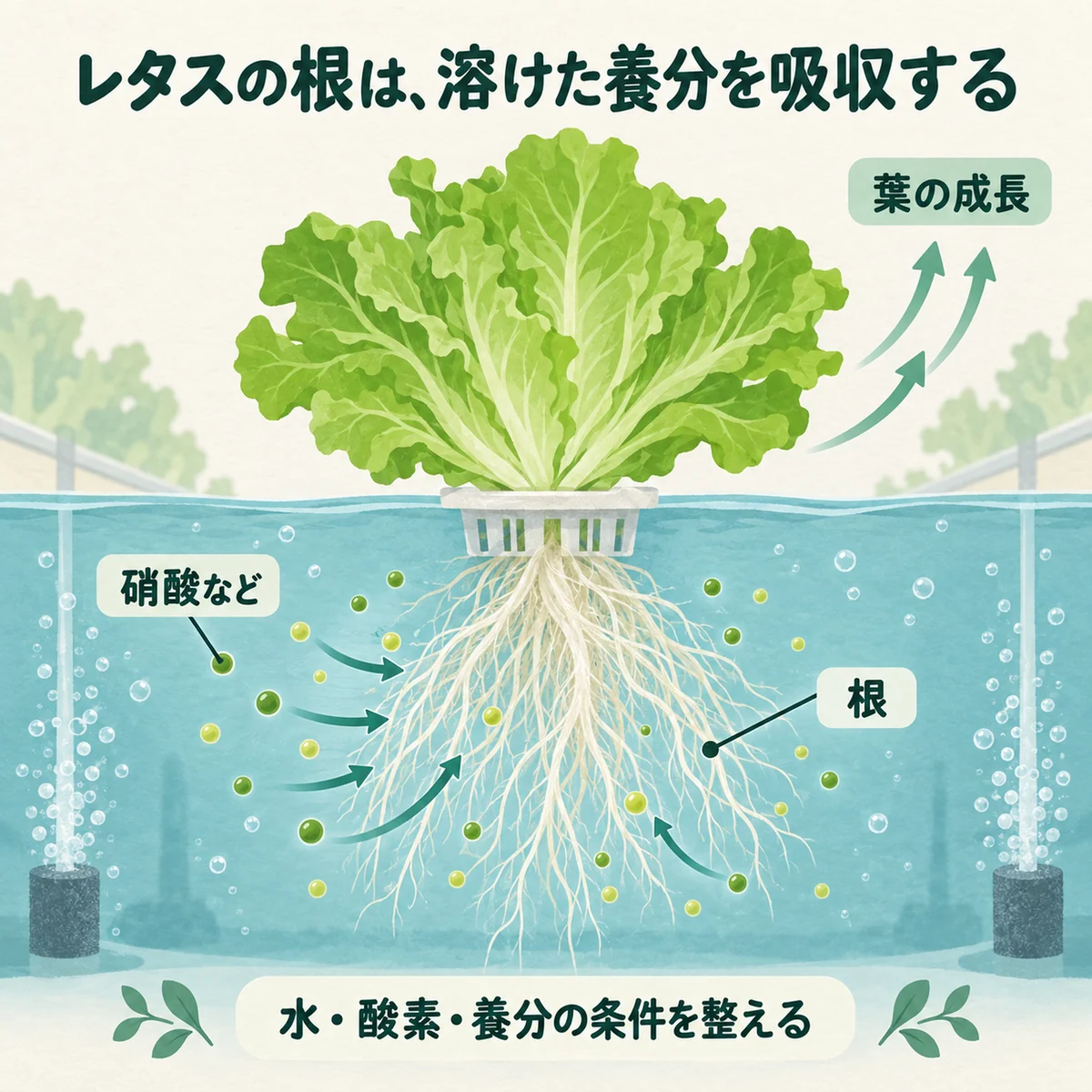 硝酸などが根から入り、葉の成長へ使われる図