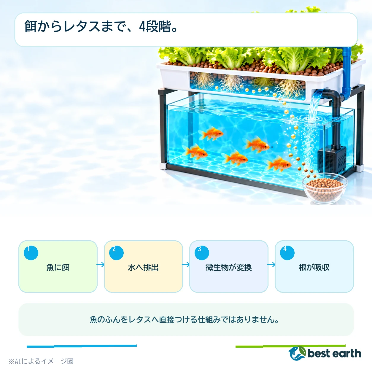 魚に餌、水へ排出、微生物が変換、根が吸収の4段階を示す図