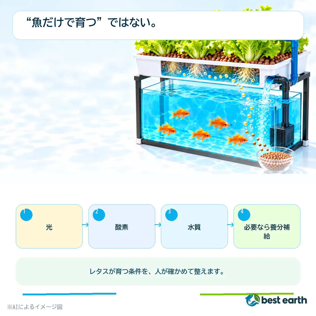 魚のふんを根が直接吸うという誤解と、微生物や固形物管理を含む実際を比べる図