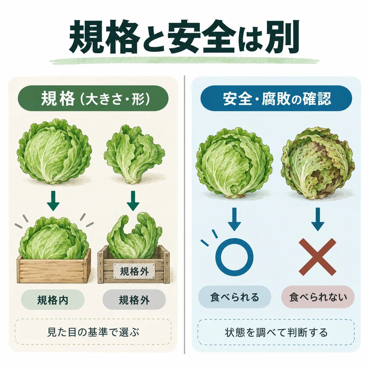 大きさ・形の規格と安全・腐敗の確認を分ける図