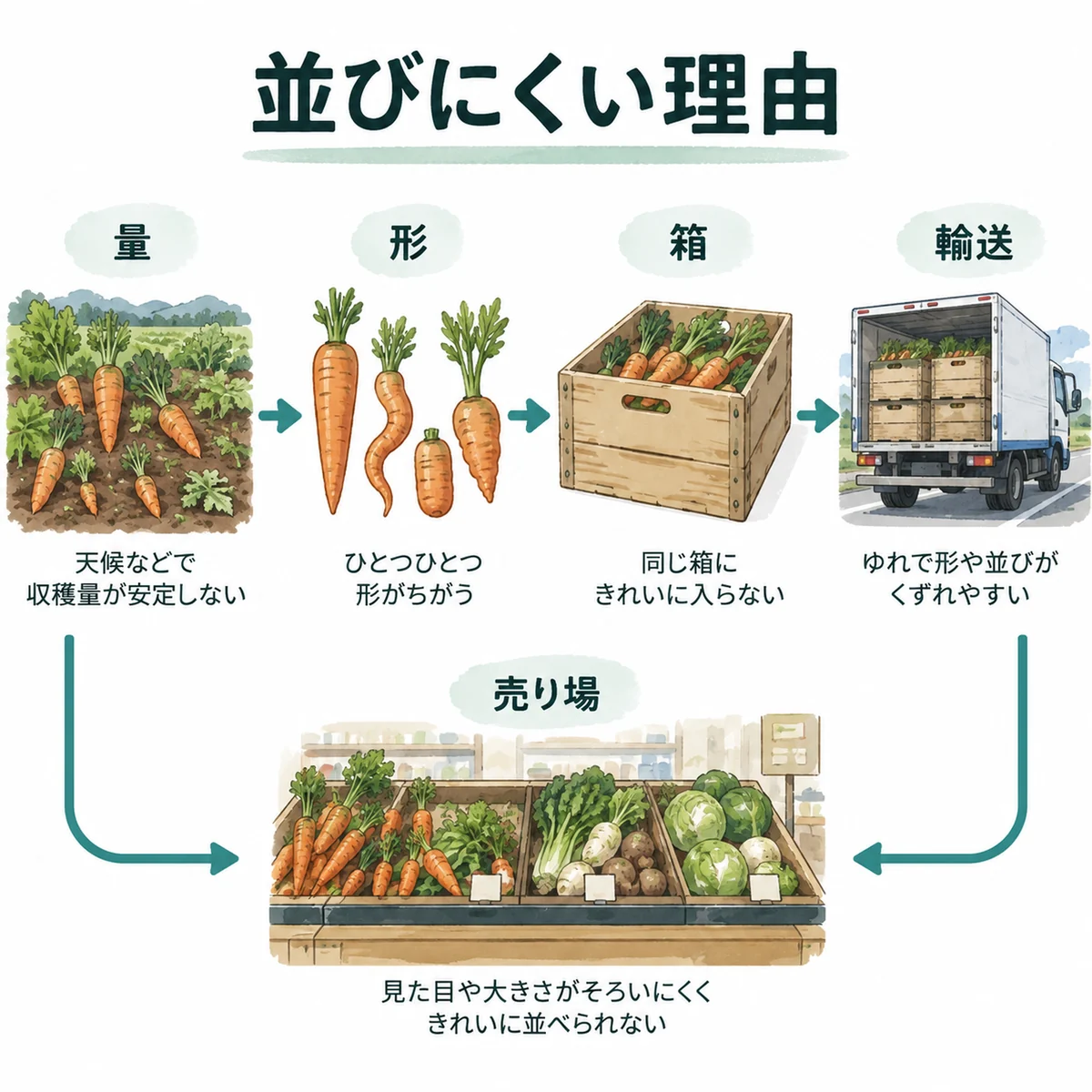 量、形、箱、輸送、売り場をそろえにくいことを示す図
