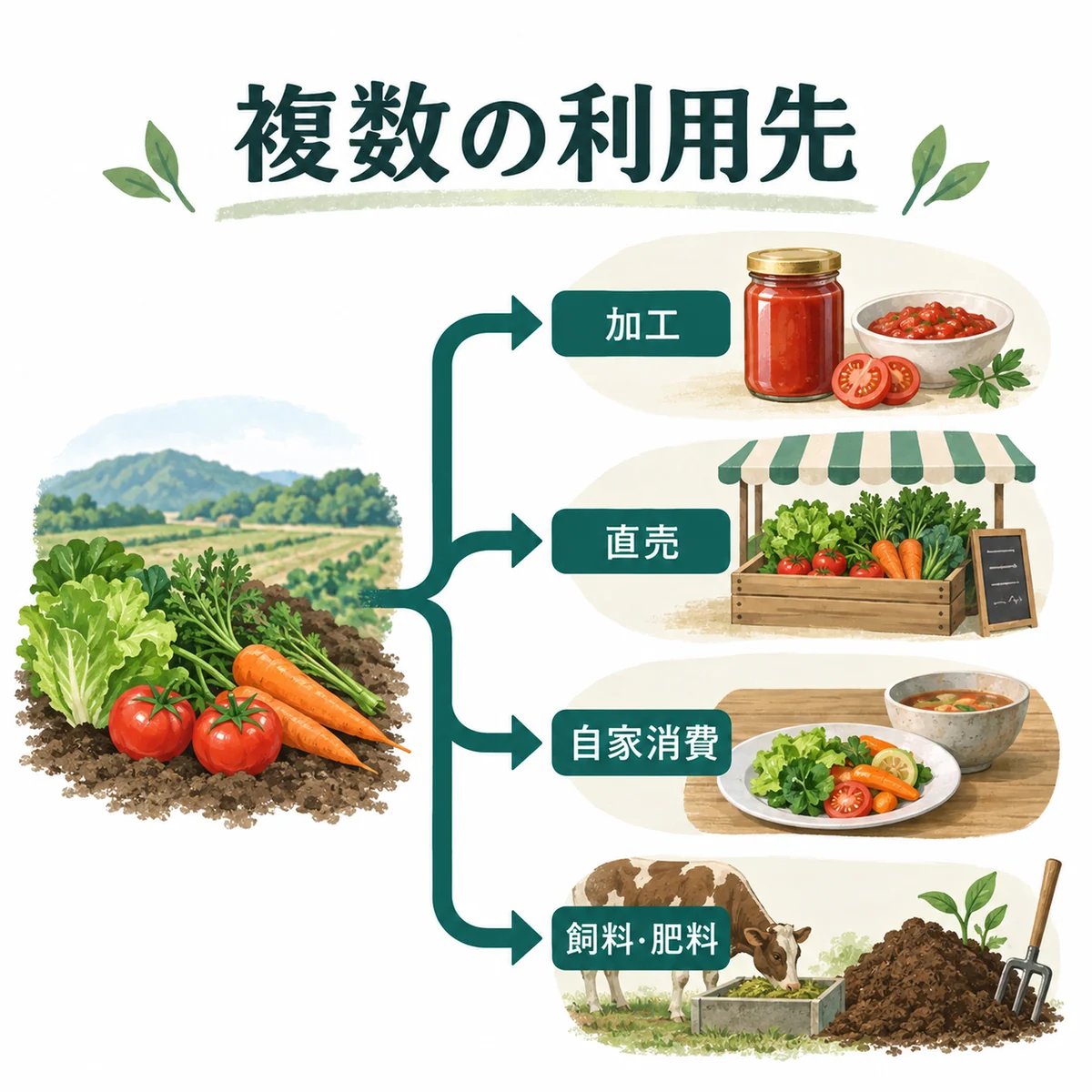 加工、直売、自家消費、飼料・肥料へ分かれる統合図