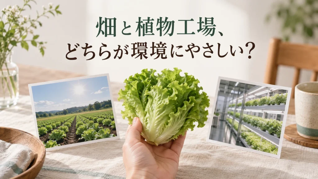 畑と植物工場で作るレタスの環境負荷を比べる条件を問いかける編集画像