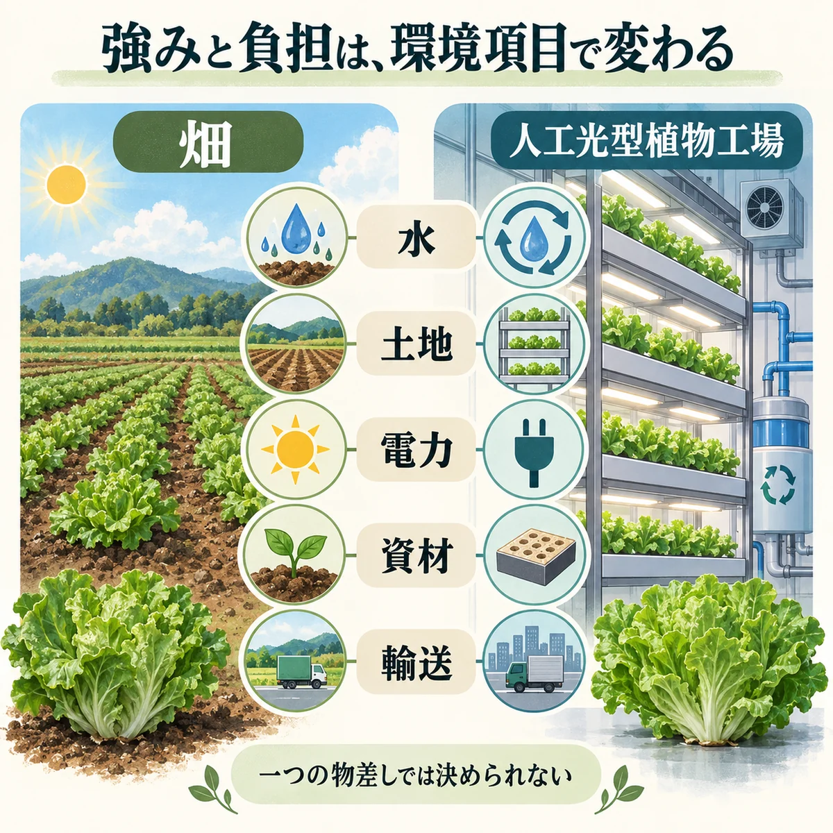 畑＝太陽・土地・水、植物工場＝循環水・多段・電力という全体像