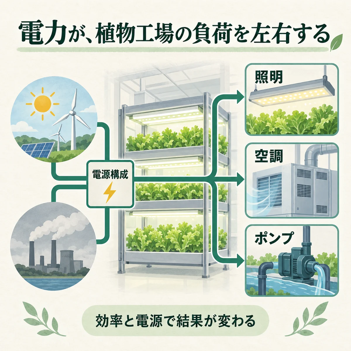 循環する水と多段棚による面積利用を示す図