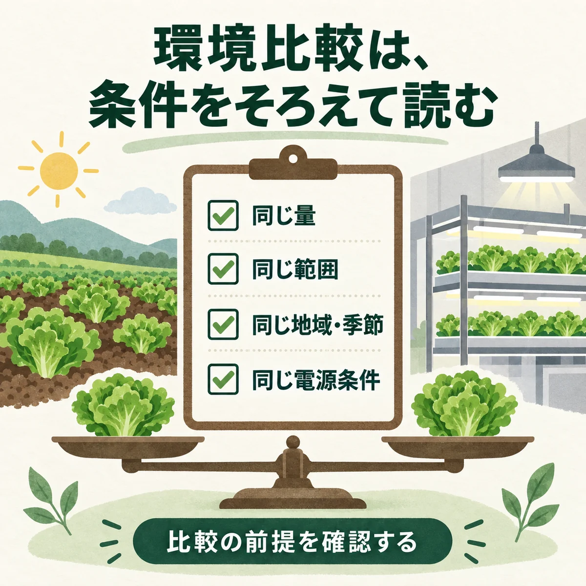 太陽光の強みと、水・肥料・輸送の条件を示す図