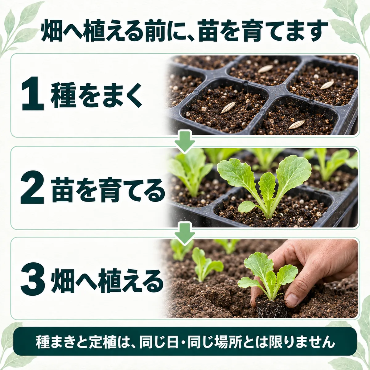 種まき、育苗、定植を順に示す玉レタス栽培の前半工程