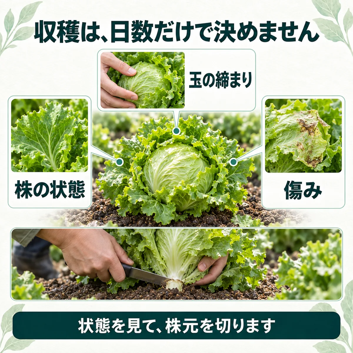 玉の締まり、傷み、株の状態を見てレタスの収穫を判断する図