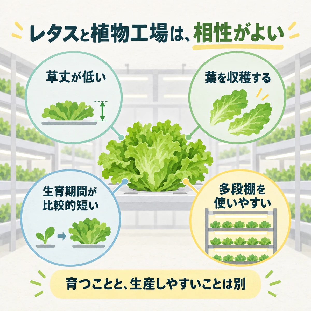 レタスの低い草丈・葉の収穫・短い生育・多段棚の全体像